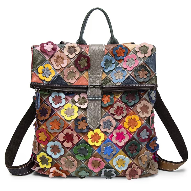 Genuine Leather Backpack - Vintage Women Genuine Leather Backpack Flower
