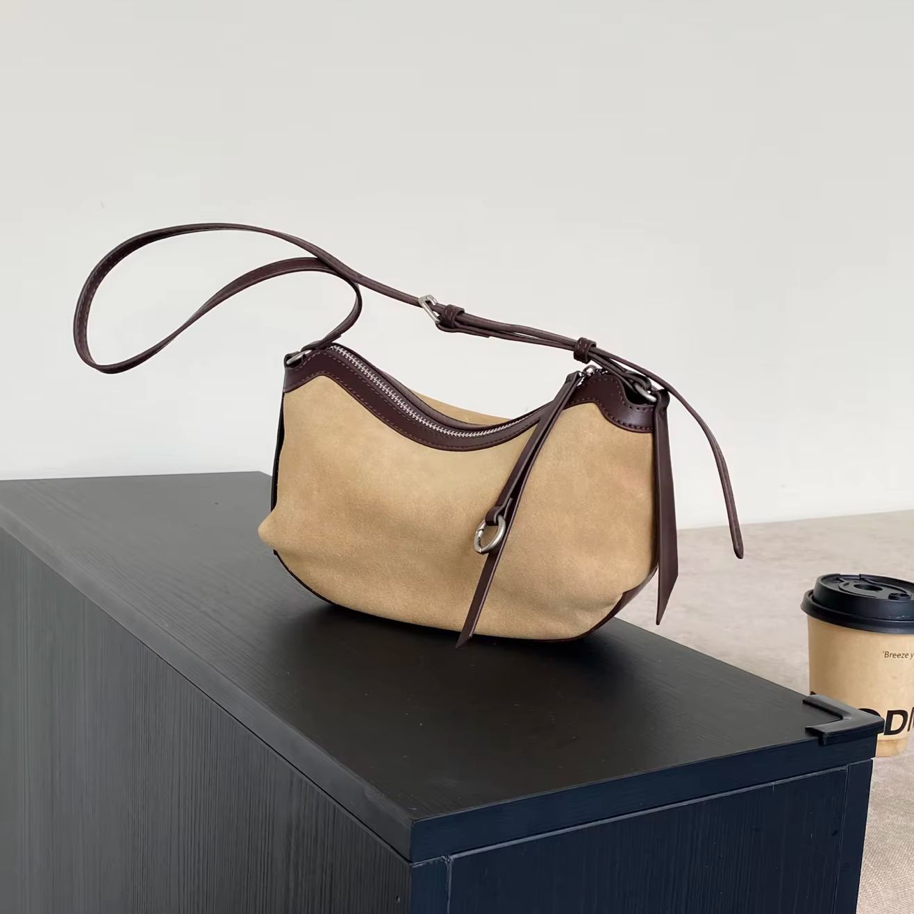 Half Moon Bag Suede - Matte Suede Genuine Leather Hobo Bag