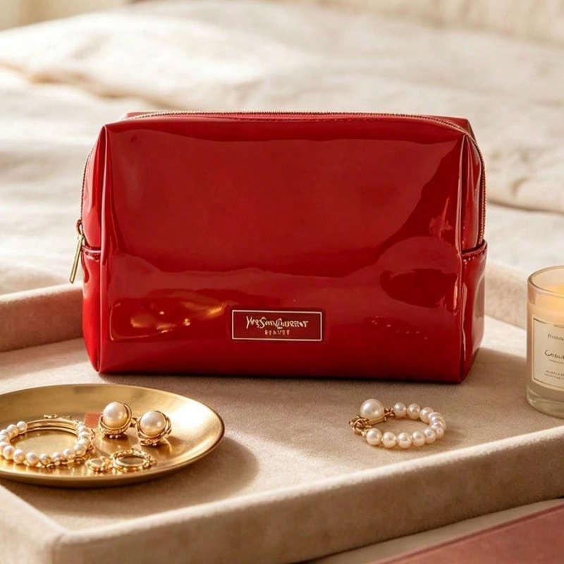 Luxury Bags With Zipper - YSL BEAUTE Red Faux Leather Makeup