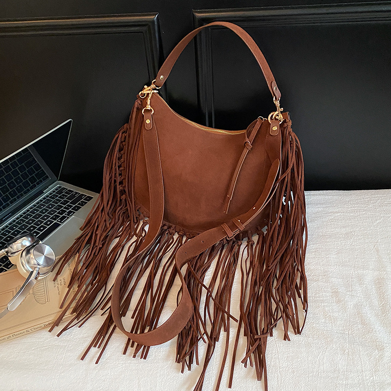 Bohemian Long Tassel Shoulder  - Half Moon Bag Suede review and price