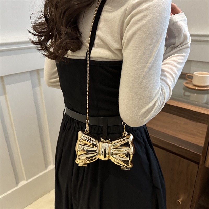 Glossy Gold Metal Bow Shaped M - Luxury Bags Cute review and price