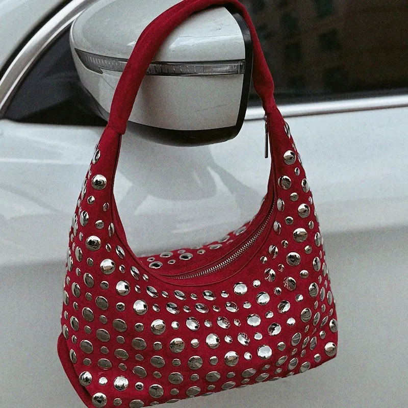 Fashion Studded Shoulder Bag F - Half Moon Bag Suede review and price